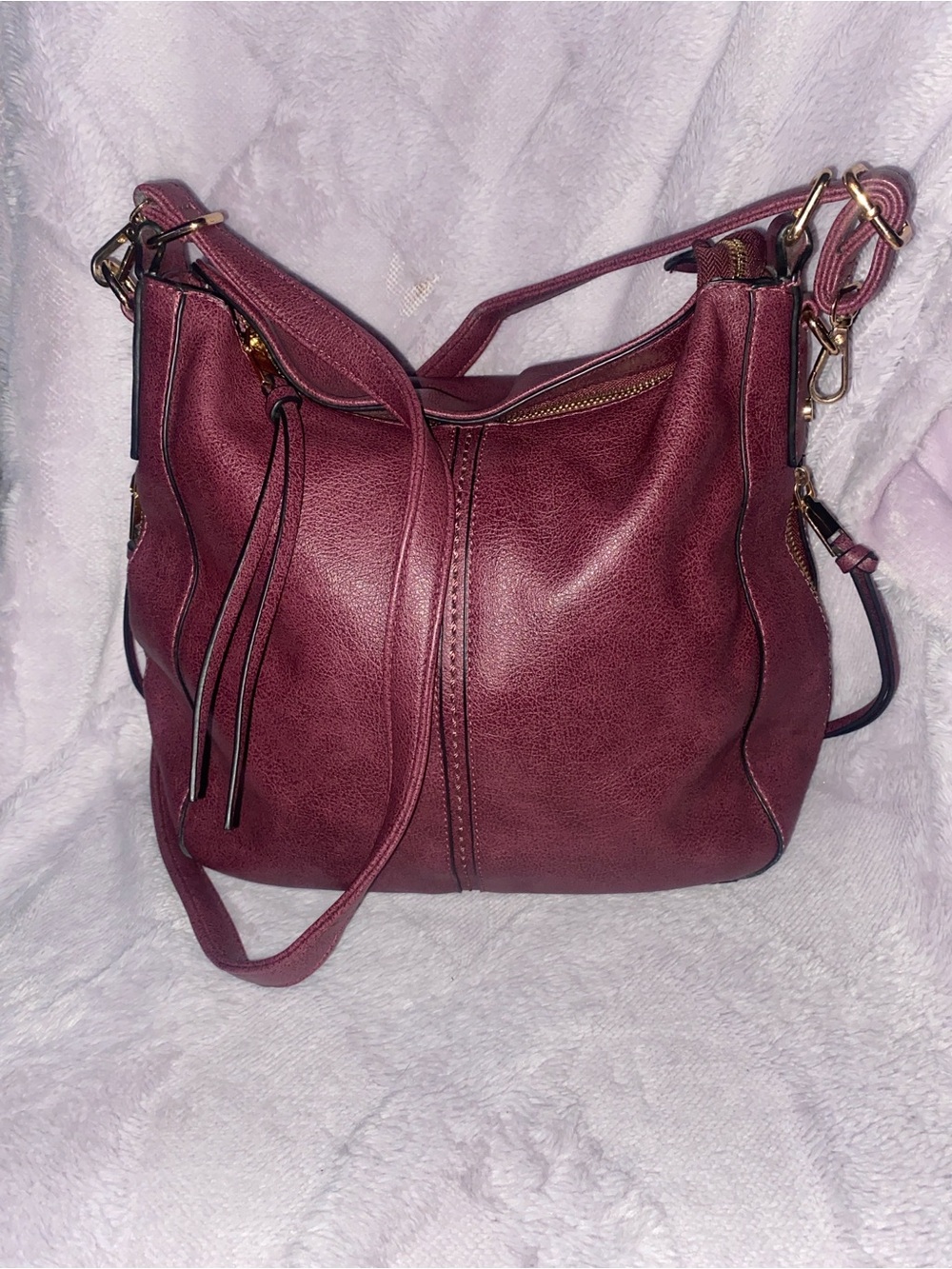 Structured Burgundy Shoulder Bag with Gold-Tone Accents